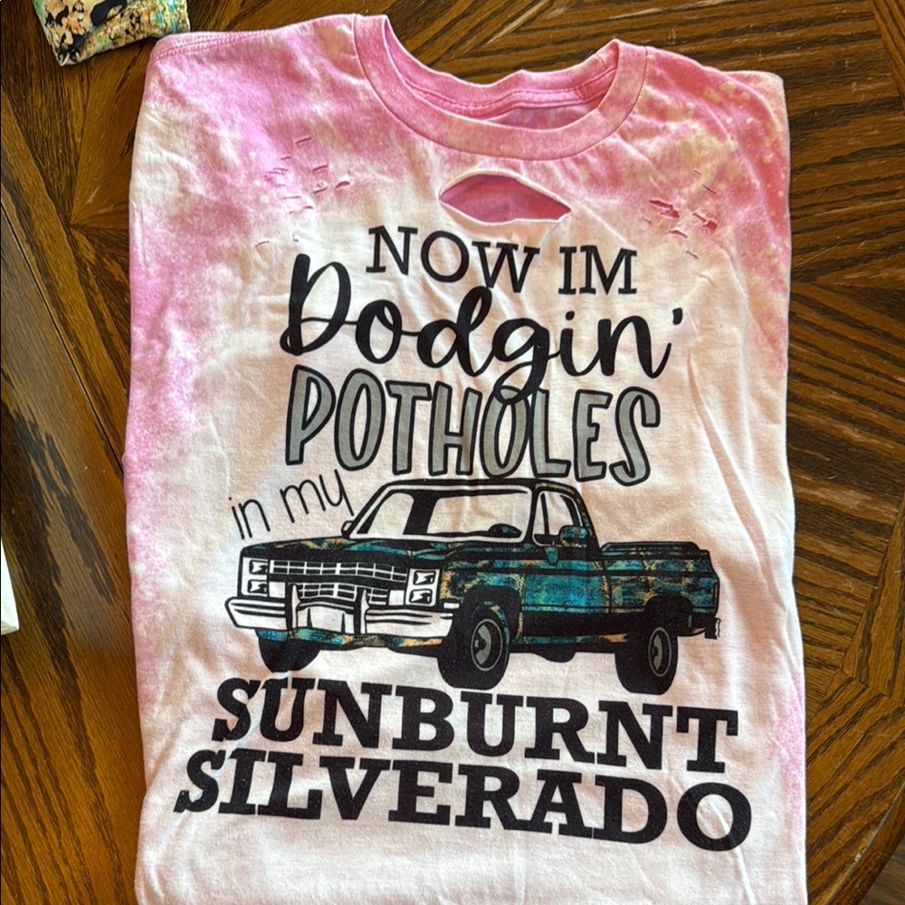 Now I’m Dodging Potholes Pink Tie-Dye Distressed T.